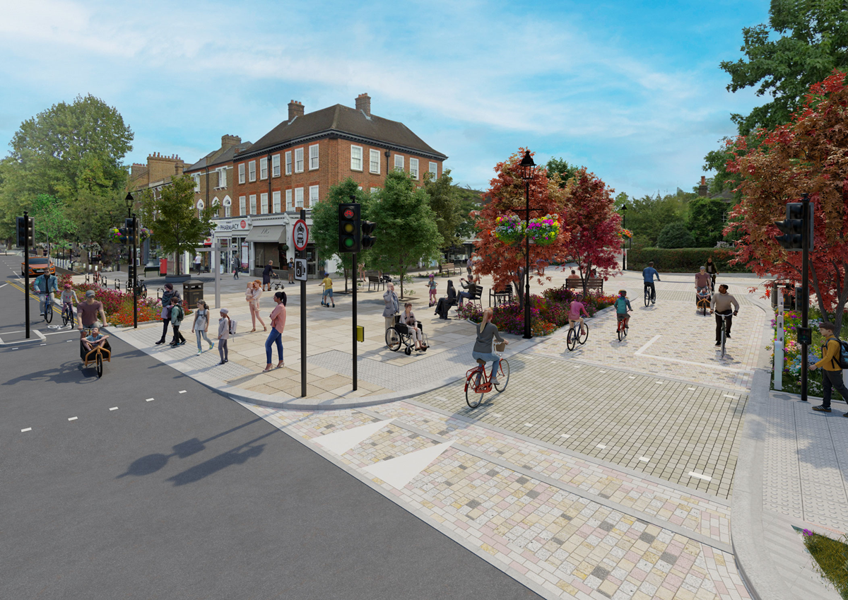 Artist drawing of Dulwich Village - pedestrians and bikers, broad pavement with shops and trees